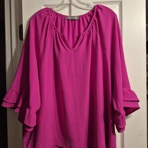 Women's Fuchsia Crinkle Ruffle-Sleeve Tunic